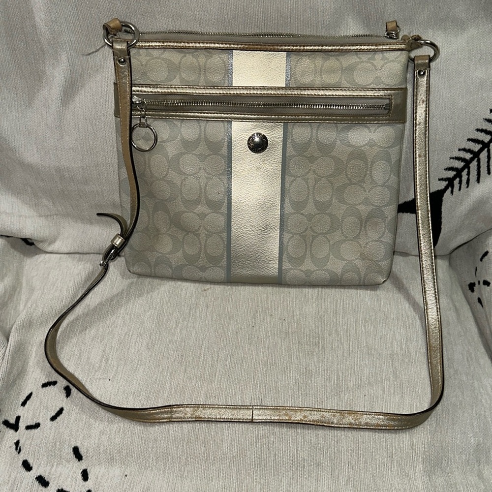 Coach light grey & blue coated canvas with metallic silver details damaged